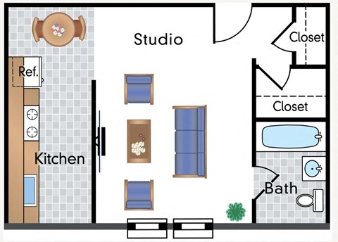 Floor plan for studio, 1 bath, 485 sqft